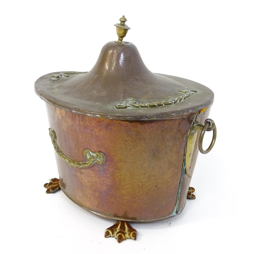 1302 - A late 19thC copper and brass coal bucket, of tapering oval form with lid, ring handles and removabl... 