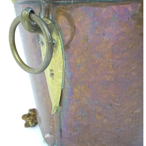 1302 - A late 19thC copper and brass coal bucket, of tapering oval form with lid, ring handles and removabl... 