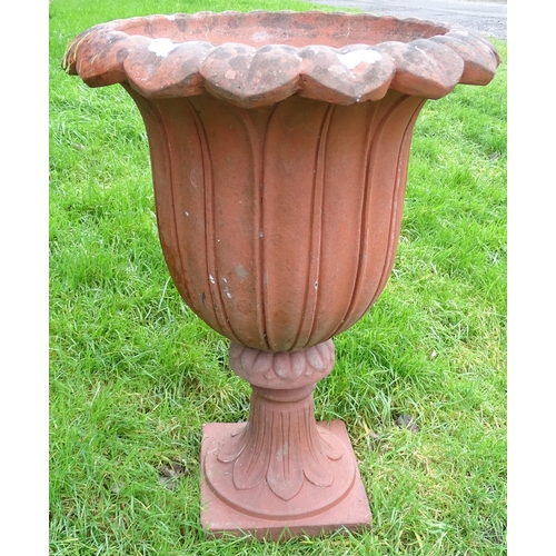 1308 - A late 20thC two-piece terracotta garden planter formed as classical urn, approx 32