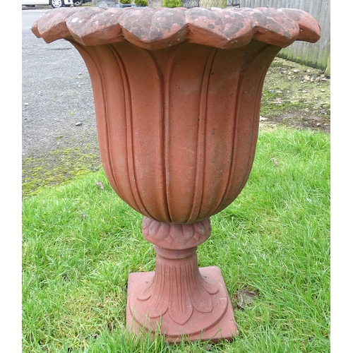 1308 - A late 20thC two-piece terracotta garden planter formed as classical urn, approx 32