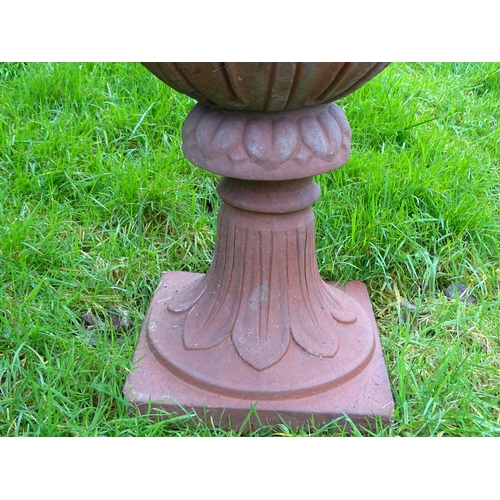 1308 - A late 20thC two-piece terracotta garden planter formed as classical urn, approx 32