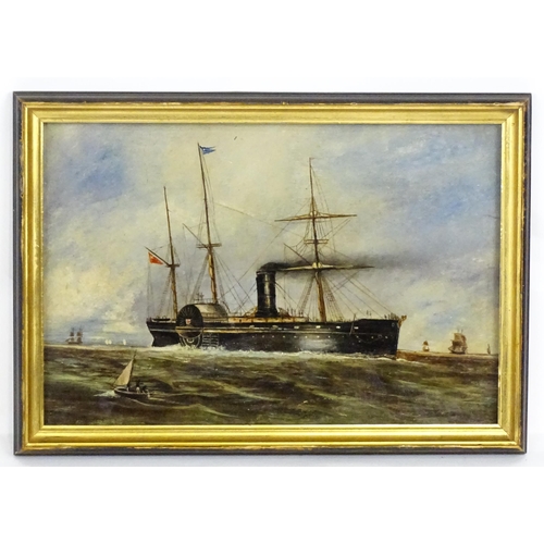 19th century, Marine School, Oil on board, A sidewheel steamer / steam and sail ship at sea, with further ships / boats beyond. Approx. 8" x 12"