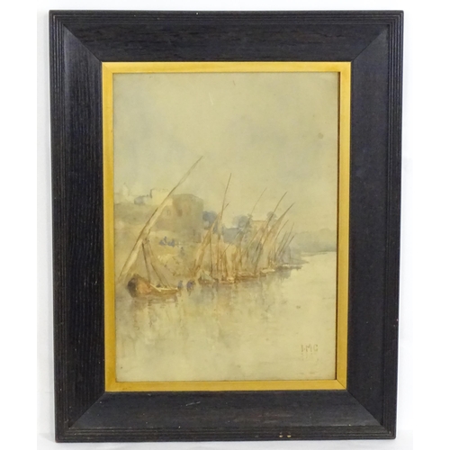 1697 - Late 19th / early 20th century, Watercolour, Felucca boats moored on the River Nile. Signed with mon... 