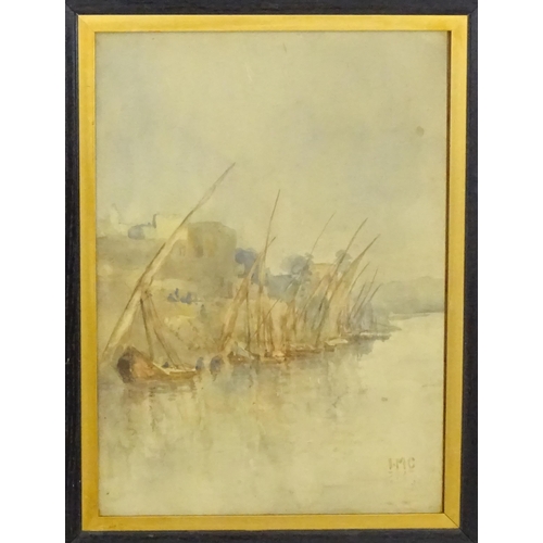 1697 - Late 19th / early 20th century, Watercolour, Felucca boats moored on the River Nile. Signed with mon... 