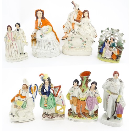 47 - Eight assorted Staffordshire pottery flatback figures to include Red Riding Hood, a Scottish couple,... 