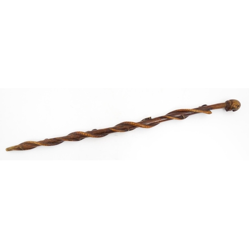 1242 - A late 19th / early 20thC hardwood walking stick / cane with folk art carved snake and lizard decora... 