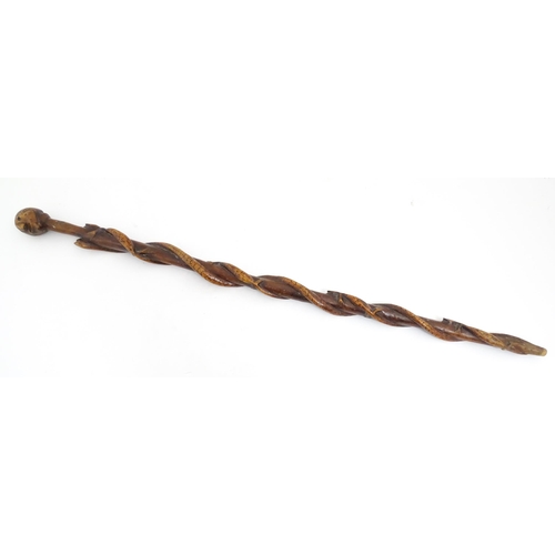 1242 - A late 19th / early 20thC hardwood walking stick / cane with folk art carved snake and lizard decora... 