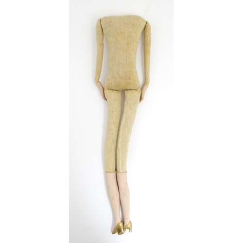 1277 - Toy: A 20thC French cloth boudoir doll body, with straw filled body and bisque hands and lower legs.... 