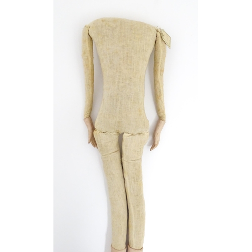 1277 - Toy: A 20thC French cloth boudoir doll body, with straw filled body and bisque hands and lower legs.... 