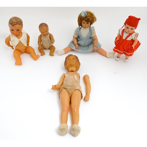 1286 - Toys: Five assorted dolls to include a French composite doll with blinking eyes, painted features an... 