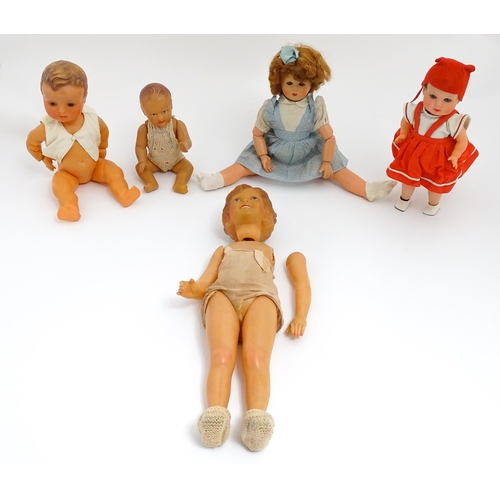 1286 - Toys: Five assorted dolls to include a French composite doll with blinking eyes, painted features an... 