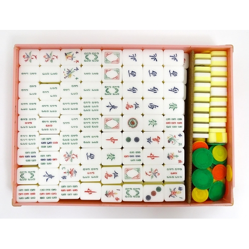 1290 - Toy: 20thC mahjong tiles and counters. The box marked Product of Mock Kee Plastic Industries, No. 17... 