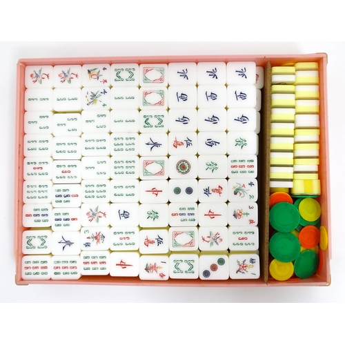 1290 - Toy: 20thC mahjong tiles and counters. The box marked Product of Mock Kee Plastic Industries, No. 17... 