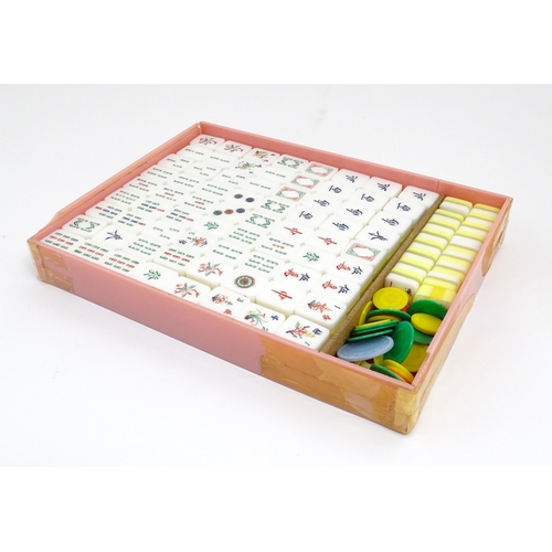 1290 - Toy: 20thC mahjong tiles and counters. The box marked Product of Mock Kee Plastic Industries, No. 17... 