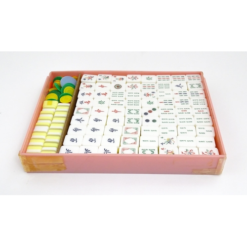 1290 - Toy: 20thC mahjong tiles and counters. The box marked Product of Mock Kee Plastic Industries, No. 17... 