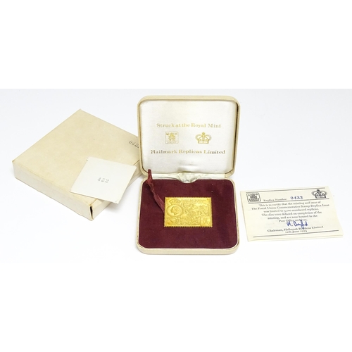 834 - Universal Postal Union 1874-1974: A 22ct gold Postal Union commemorative stamp replica. Replica numb... 