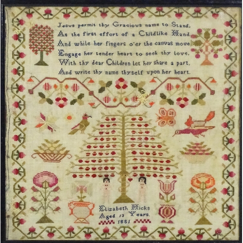 1250 - A 19thC needlework sampler embroidered with Adam and Eve, serpent and tree of life, flowers, foliage... 