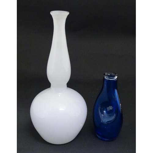 187 - A blue art glass vase by David Wall ( Tamar glass) signed under. Together with a white glass approx.... 