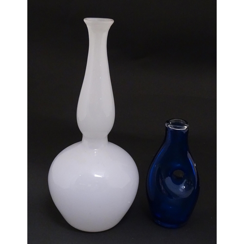 187 - A blue art glass vase by David Wall ( Tamar glass) signed under. Together with a white glass approx.... 