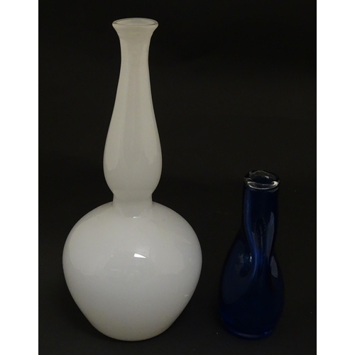 187 - A blue art glass vase by David Wall ( Tamar glass) signed under. Together with a white glass approx.... 