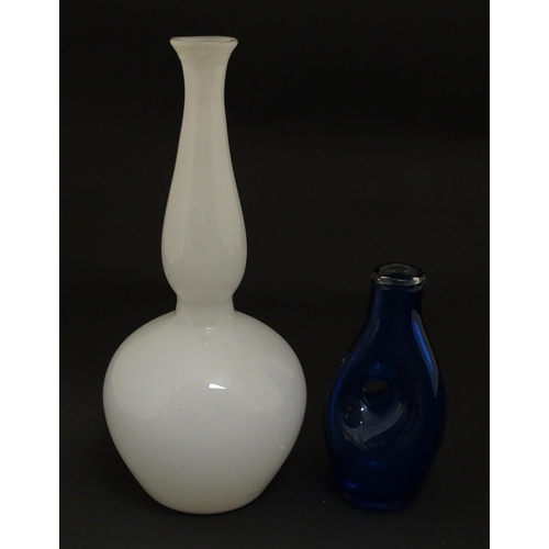 187 - A blue art glass vase by David Wall ( Tamar glass) signed under. Together with a white glass approx.... 