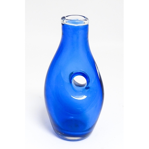 187 - A blue art glass vase by David Wall ( Tamar glass) signed under. Together with a white glass approx.... 