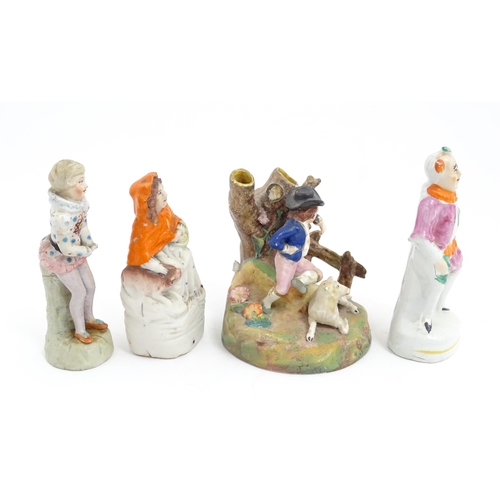 54 - Four assorted ceramic figures to include a Staffordshire pottery Red Riding Hood, a small clown figu... 