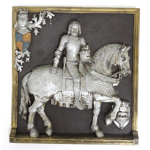 1232 - A 20thC cast wall plaque depicting Richard III as a knight on horseback in relief. Approx. 14 1/2