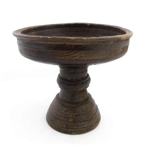 1237 - A large turned wooden pedestal bowl with knop and banded detail. Approx. 13