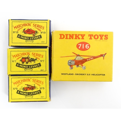 1272 - Toys: A boxed Dinky Toys die cast scale model of a helicopter no. 716. Together with three Moko Lesn... 