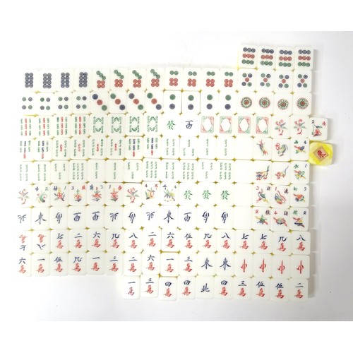 1290 - Toy: 20thC mahjong tiles and counters. The box marked Product of Mock Kee Plastic Industries, No. 17... 