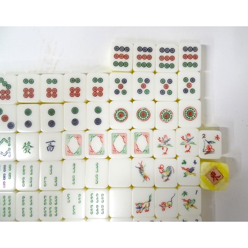 1290 - Toy: 20thC mahjong tiles and counters. The box marked Product of Mock Kee Plastic Industries, No. 17... 