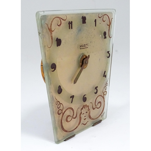 801 - A French Art Deco mantle clock, the glass face with etched and engraved detail, Arabic chapter ring,... 