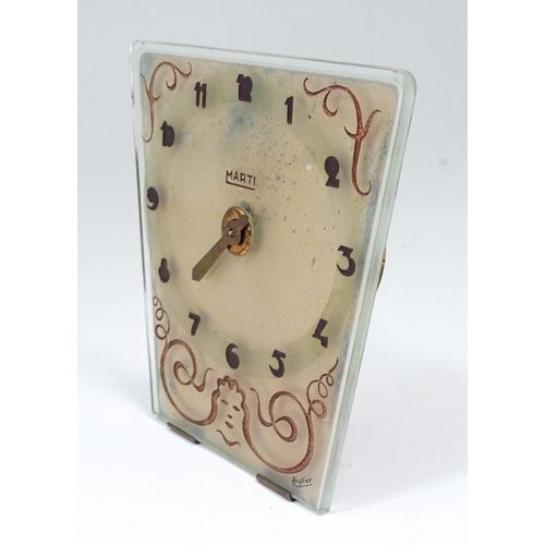 801 - A French Art Deco mantle clock, the glass face with etched and engraved detail, Arabic chapter ring,... 