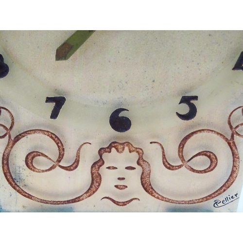 801 - A French Art Deco mantle clock, the glass face with etched and engraved detail, Arabic chapter ring,... 