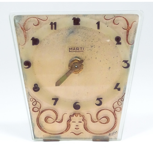 801 - A French Art Deco mantle clock, the glass face with etched and engraved detail, Arabic chapter ring,... 