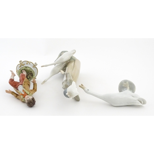 138 - A Lladro figure Girl with Geese, and a Lladro model of a goose. Together with a Capodimonte model of... 