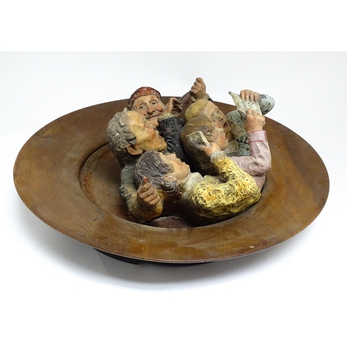 162 - A large Austrian terracotta relief plaque depicting a choir and musicians, with circular wooden moun... 