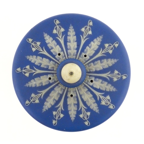 126 - A Wedgwood style jasperware cheese dish and cover / dome decorated with Classical figures / muses, a... 