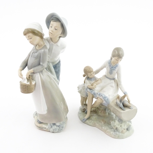 137 - Two Nao figure groups comprising Courting Couple, and two young girls with a bird on a bench. Larges... 