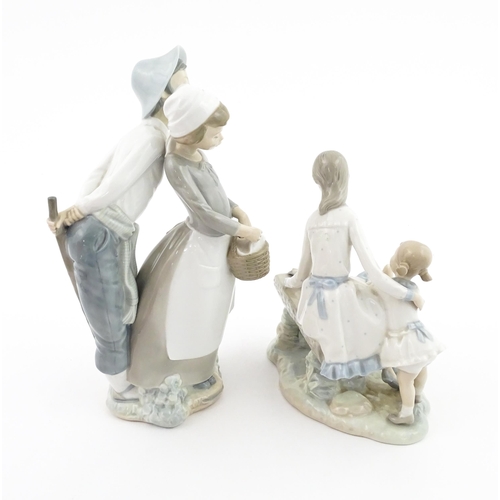 137 - Two Nao figure groups comprising Courting Couple, and two young girls with a bird on a bench. Larges... 