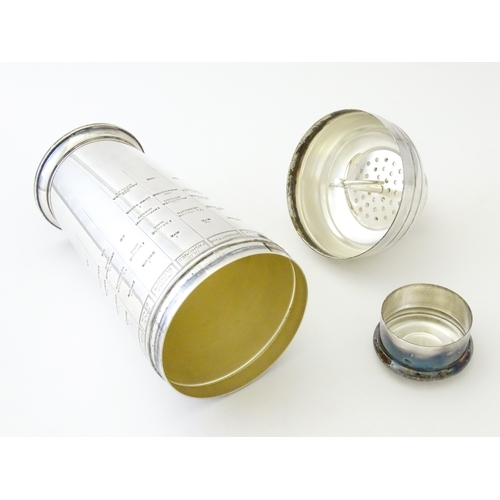 478 - A silver plate cocktail shaker with engraved cocktail recipes detail to sides. Approx. 9 3/4