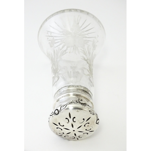 272 - An etched glass sugar caster with silver top and mounts, hallmarked Chester 1915, maker Robert Pring... 