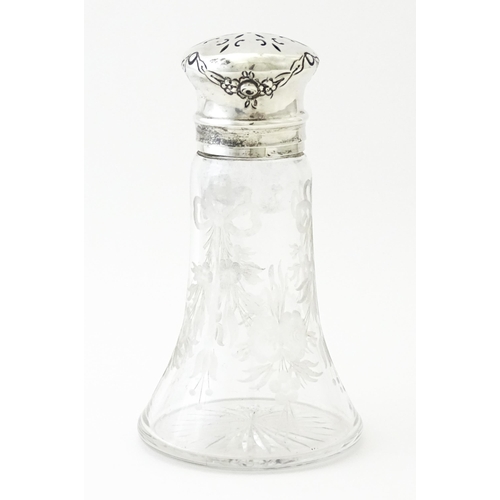 272 - An etched glass sugar caster with silver top and mounts, hallmarked Chester 1915, maker Robert Pring... 
