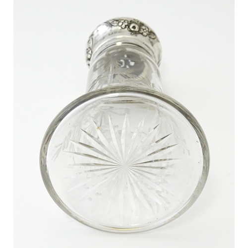 272 - An etched glass sugar caster with silver top and mounts, hallmarked Chester 1915, maker Robert Pring... 
