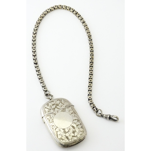 420 - A silver plate vesta case with white metal watch chain. Together with an Art Nouveau silver handle w... 