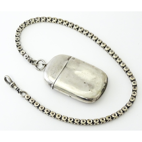420 - A silver plate vesta case with white metal watch chain. Together with an Art Nouveau silver handle w... 