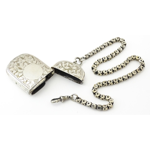420 - A silver plate vesta case with white metal watch chain. Together with an Art Nouveau silver handle w... 