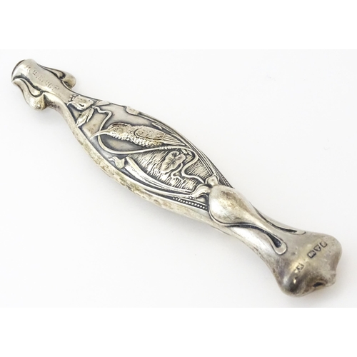 420 - A silver plate vesta case with white metal watch chain. Together with an Art Nouveau silver handle w... 