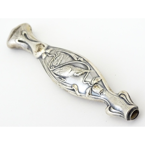 420 - A silver plate vesta case with white metal watch chain. Together with an Art Nouveau silver handle w... 